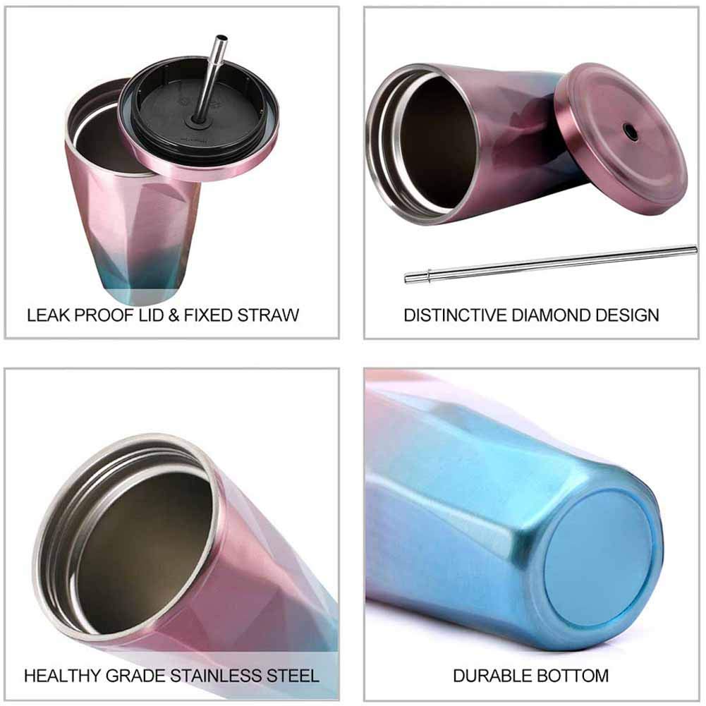 Stainless Steel Diamond Cut Shape Double Wall Vacuum Tumbler with Lid and straw - Image 6