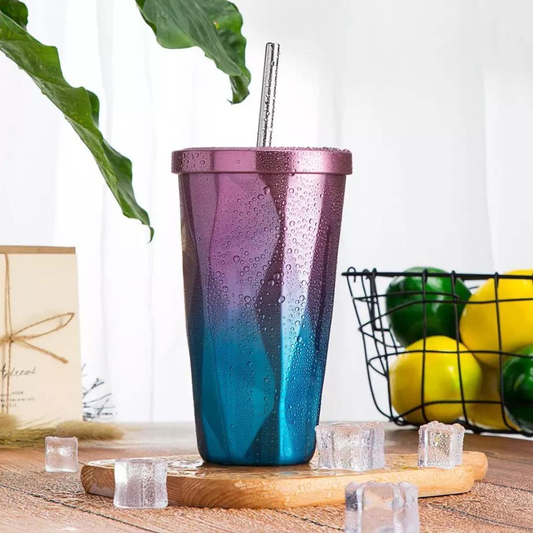 Stainless Steel Diamond Cut Shape Double Wall Vacuum Tumbler with Lid and straw - Image 9