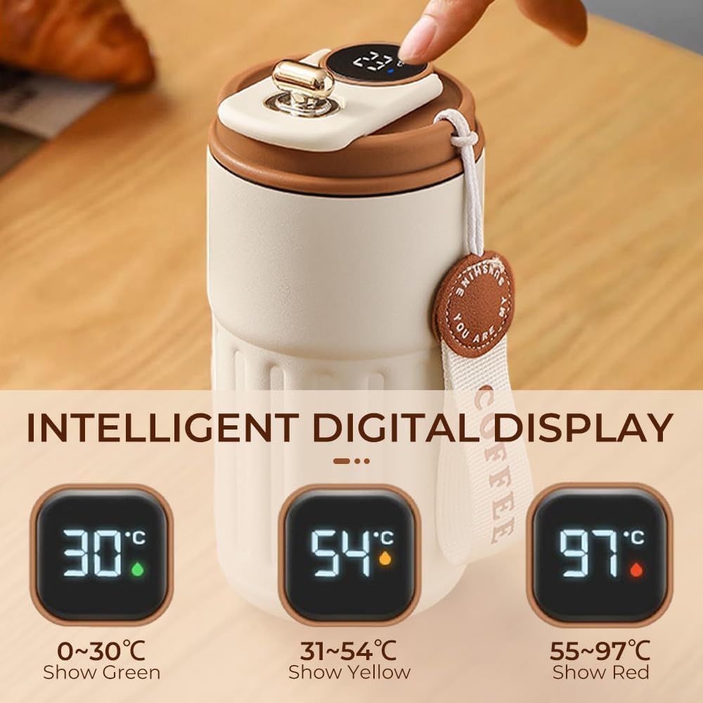 Double Wall Vacuum Insulated Coffee Tumbler with temperature display 420 ml - Beige - Image 5