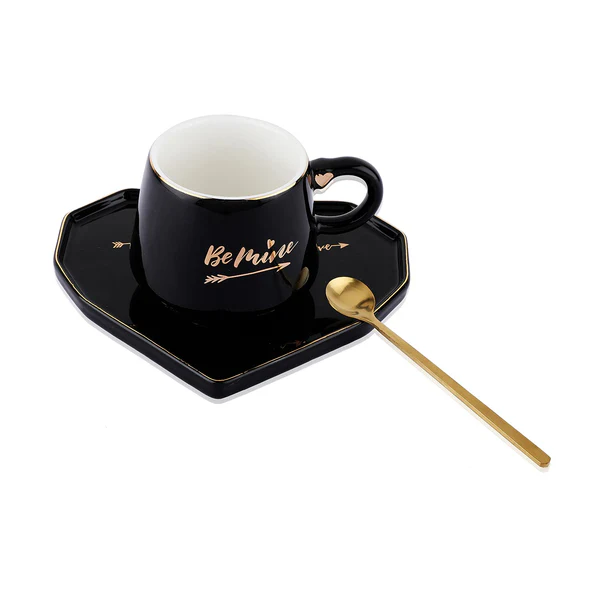 Be Mine Printed Ceramic Coffee Mug with Heart Shape Saucer & Spoon(mix color only) - Image 3
