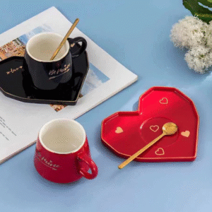 Be Mine Printed Ceramic Coffee Mug with Heart Shape Saucer & Spoon(mix color only)