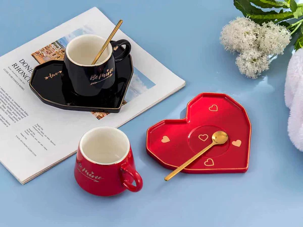 Be Mine Printed Ceramic Coffee Mug with Heart Shape Saucer & Spoon(mix color only)