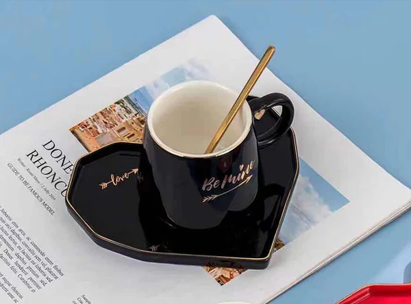 Be Mine Printed Ceramic Coffee Mug with Heart Shape Saucer & Spoon(mix color only) - Image 4