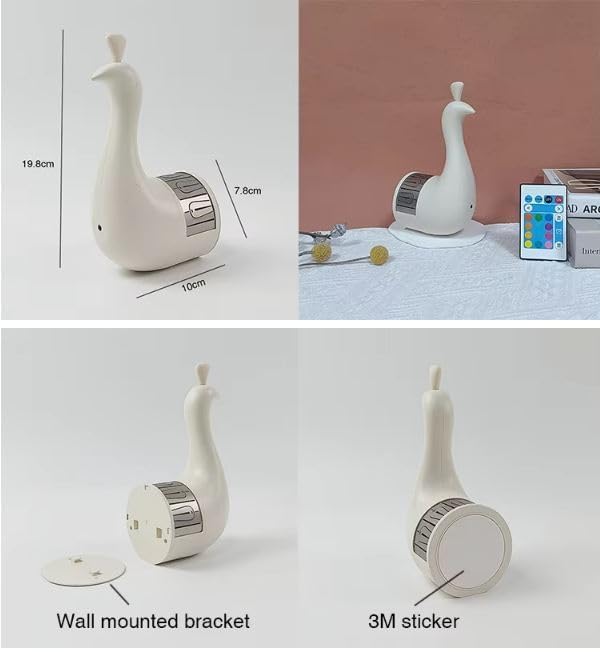 7 Color Peacock Wall Lamp with Remote Control, USB Charging, White - Image 9