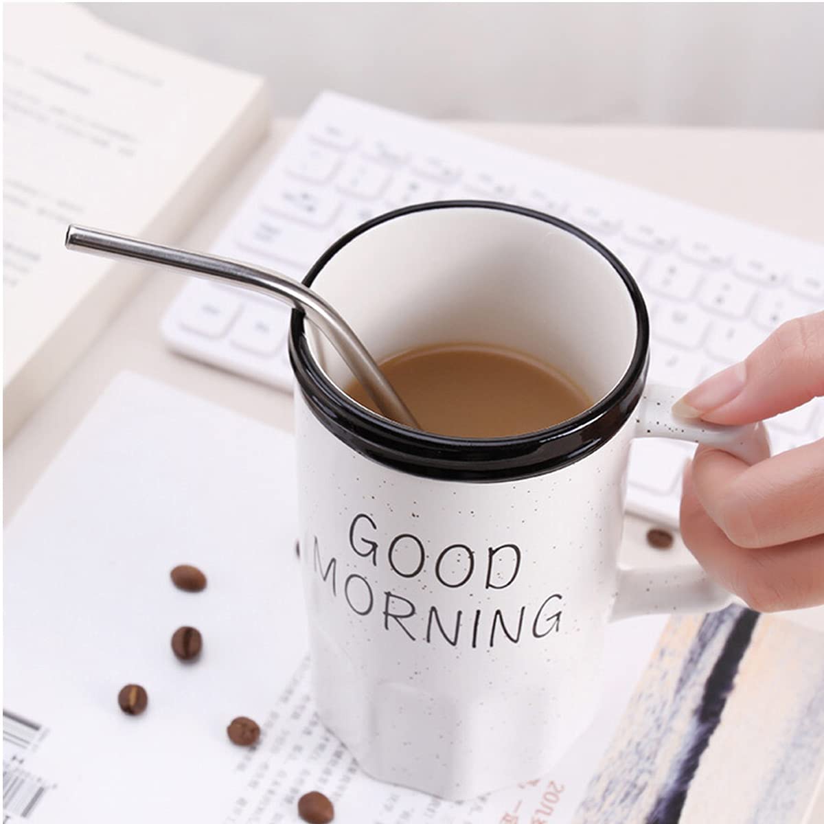 Good Morning Printed Ceramic Coffee Mug with Lid Straw White 350 ml - Image 3