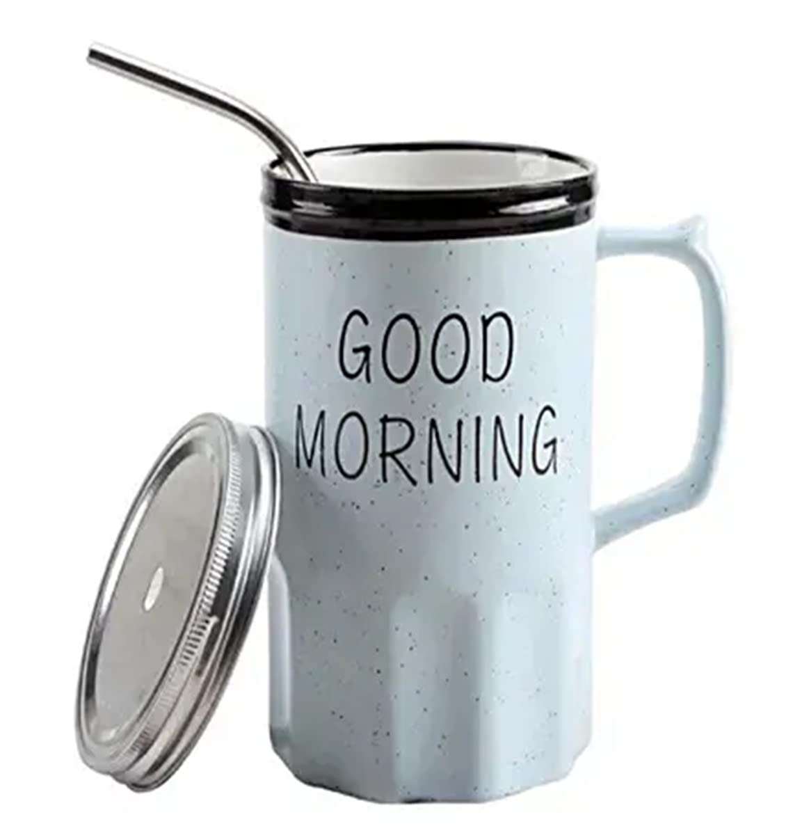 Good Morning Printed Ceramic Coffee Mug with Lid Straw Blue 350 ml - Image 5
