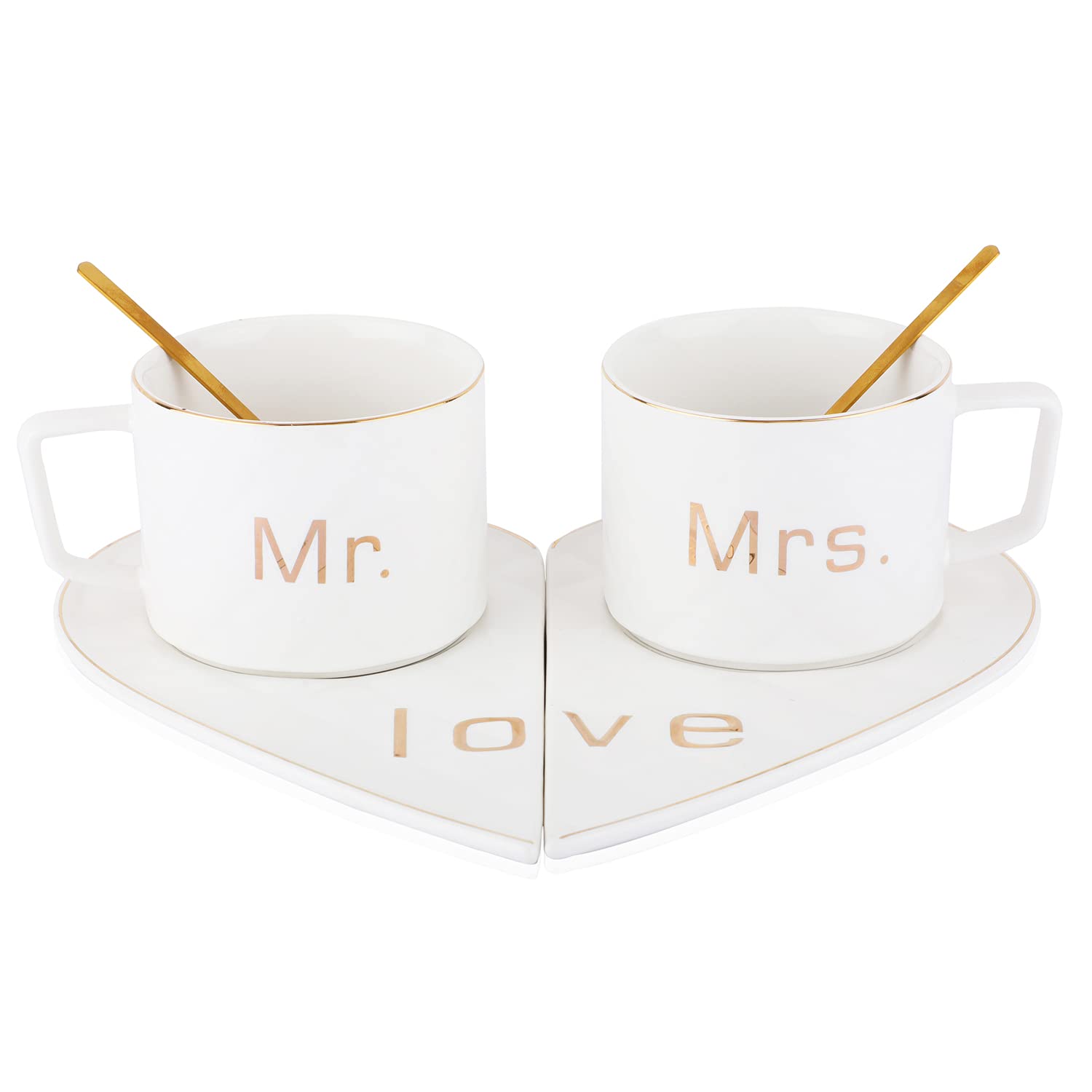 Mr & Mrs Coffee Mug Set with Golden Spoons & Heart Shape Saucers 250 ml (mix color only) - Image 7