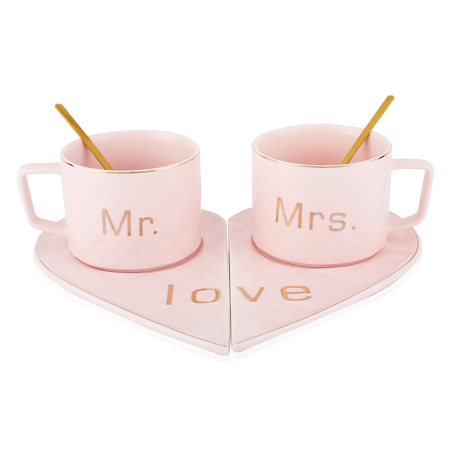 Mr & Mrs Coffee Mug Set with Golden Spoons & Heart Shape Saucers 250 ml (mix color only) - Image 2