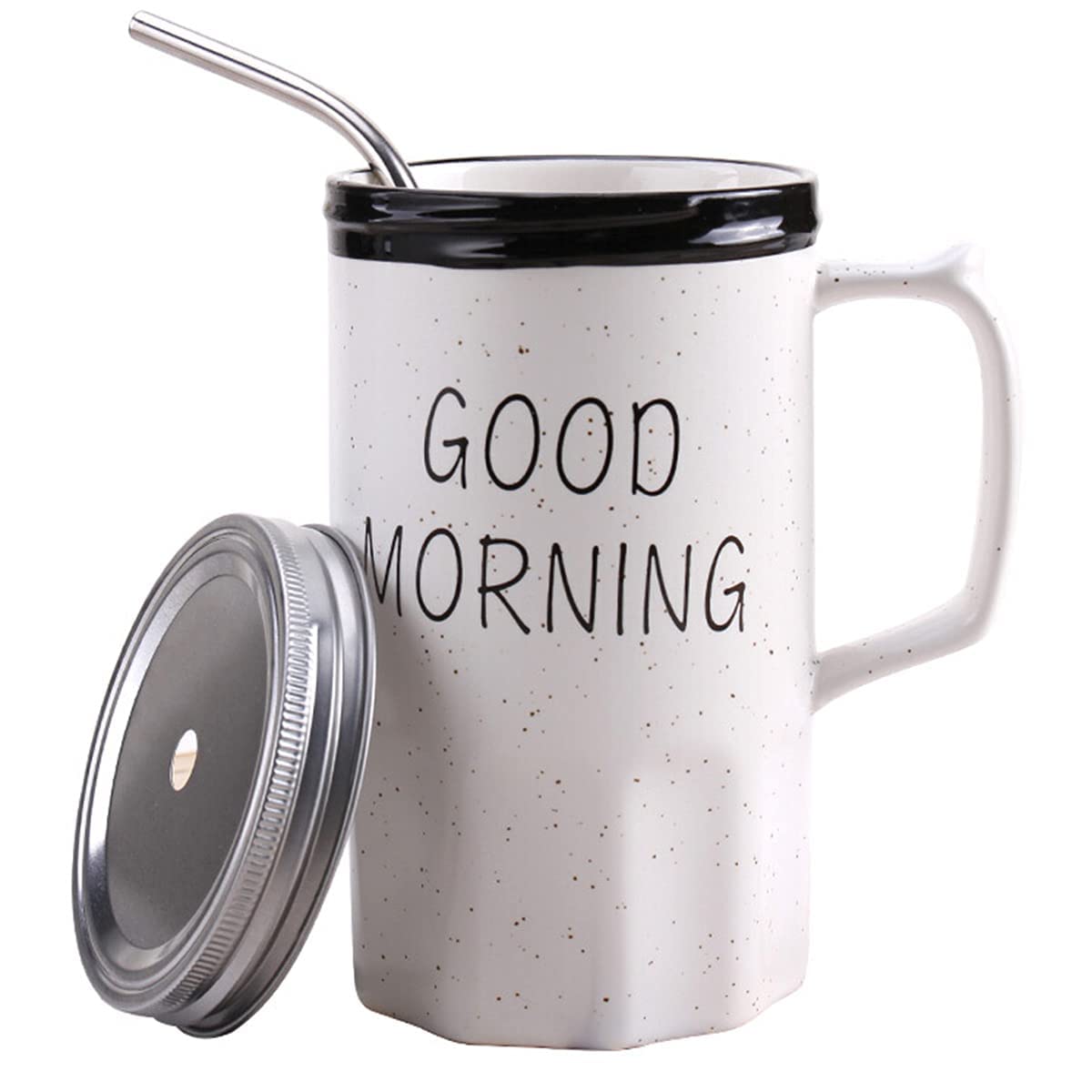 Good Morning Printed Ceramic Coffee Mug with Lid Straw White 350 ml