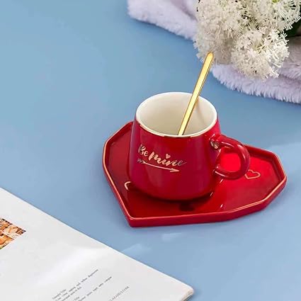 Be Mine Printed Ceramic Coffee Mug with Heart Shape Saucer & Spoon(mix color only) - Image 2