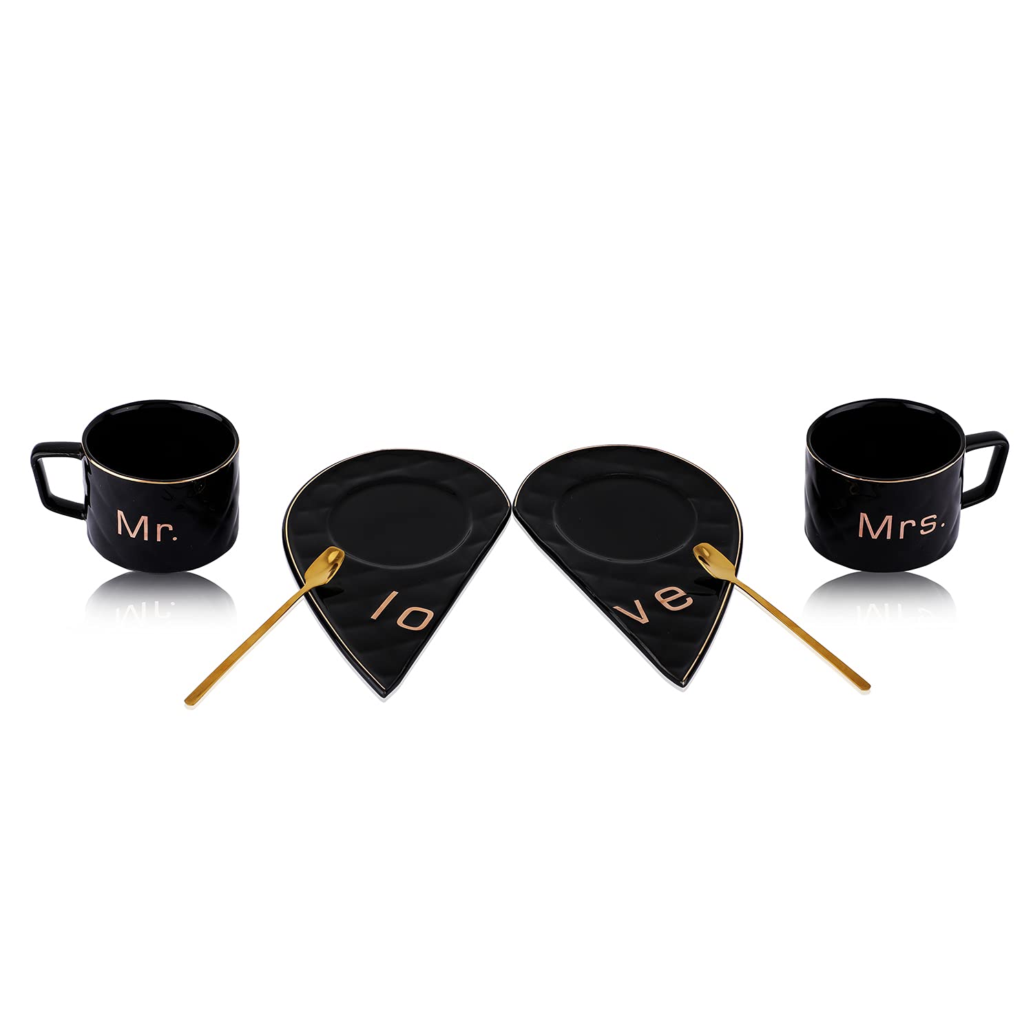 Mr & Mrs Coffee Mug Set with Golden Spoons & Heart Shape Saucers 250 ml (mix color only) - Image 9