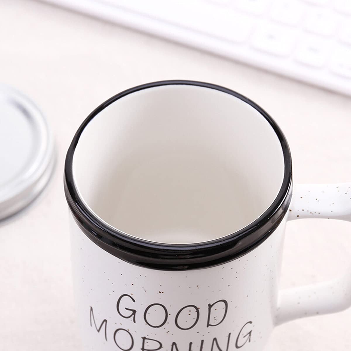 Good Morning Printed Ceramic Coffee Mug with Lid Straw White 350 ml - Image 5