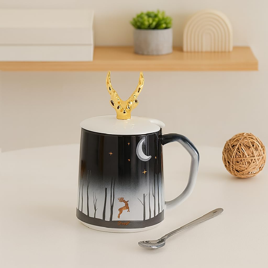 Forest Theme Ceramic Coffee Mug with Golden Deer Lid & Spoon –400 ml - Image 8