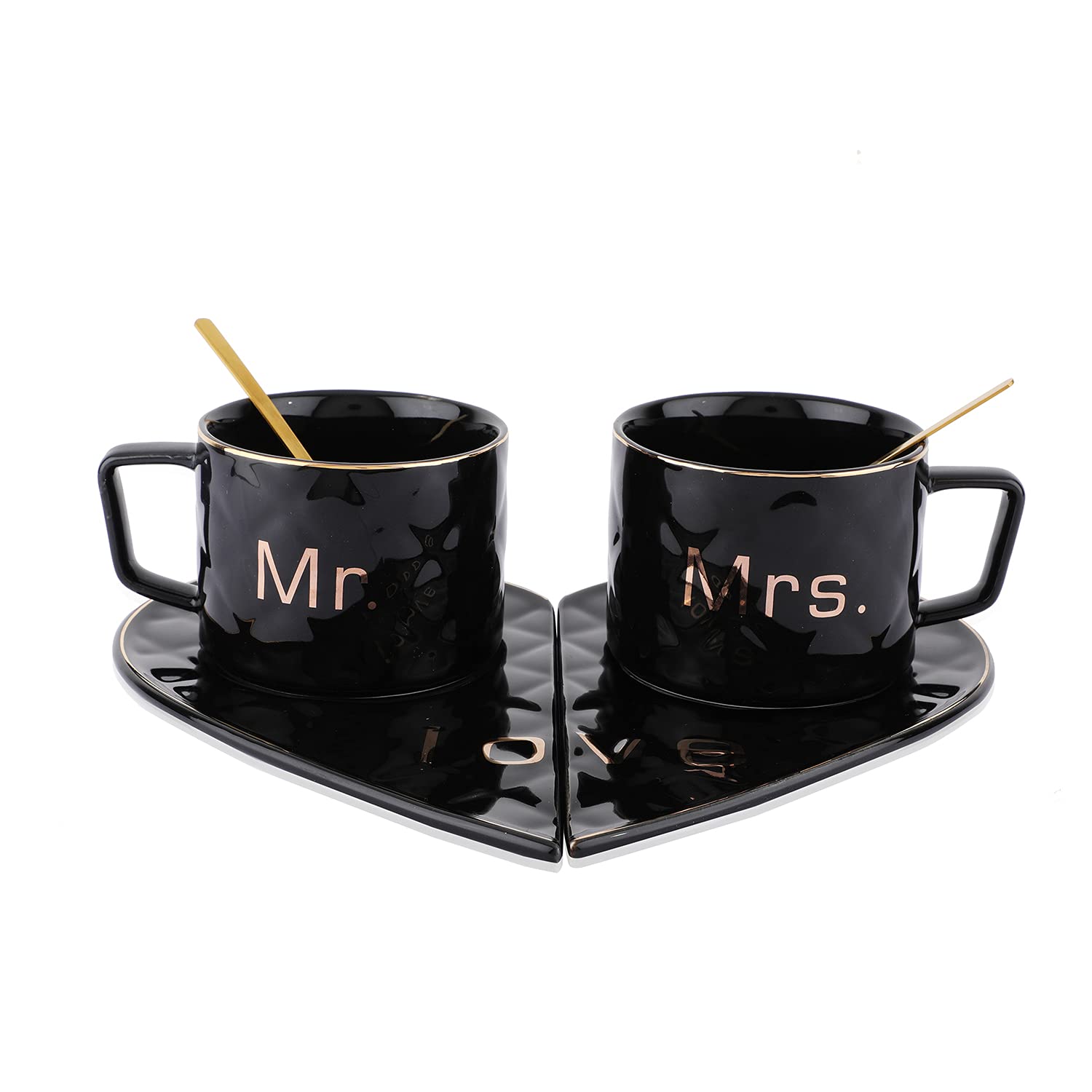 Mr & Mrs Coffee Mug Set with Golden Spoons & Heart Shape Saucers 250 ml (mix color only) - Image 8
