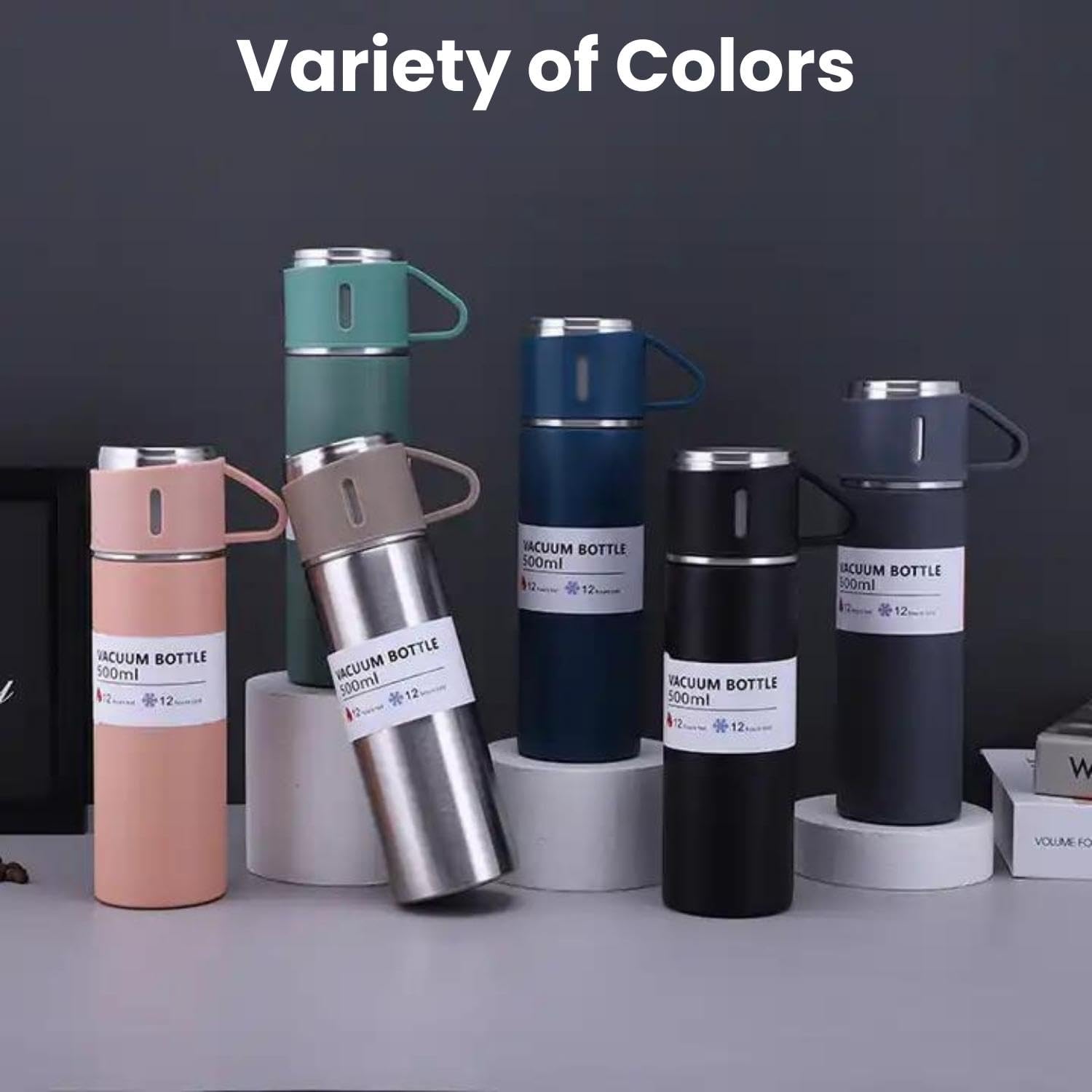500 ml Double Wall Stainless Steel Vacuum Flask Set with 2 Cups (mix color only)