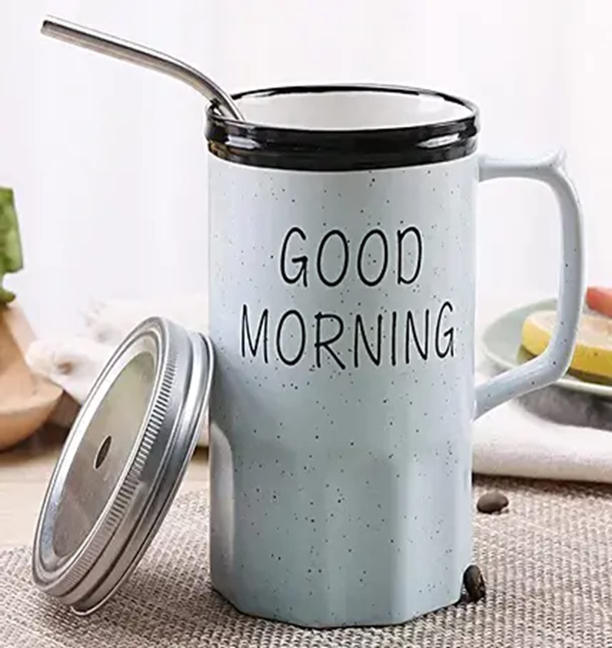 Good Morning Printed Ceramic Coffee Mug with Lid Straw Blue 350 ml