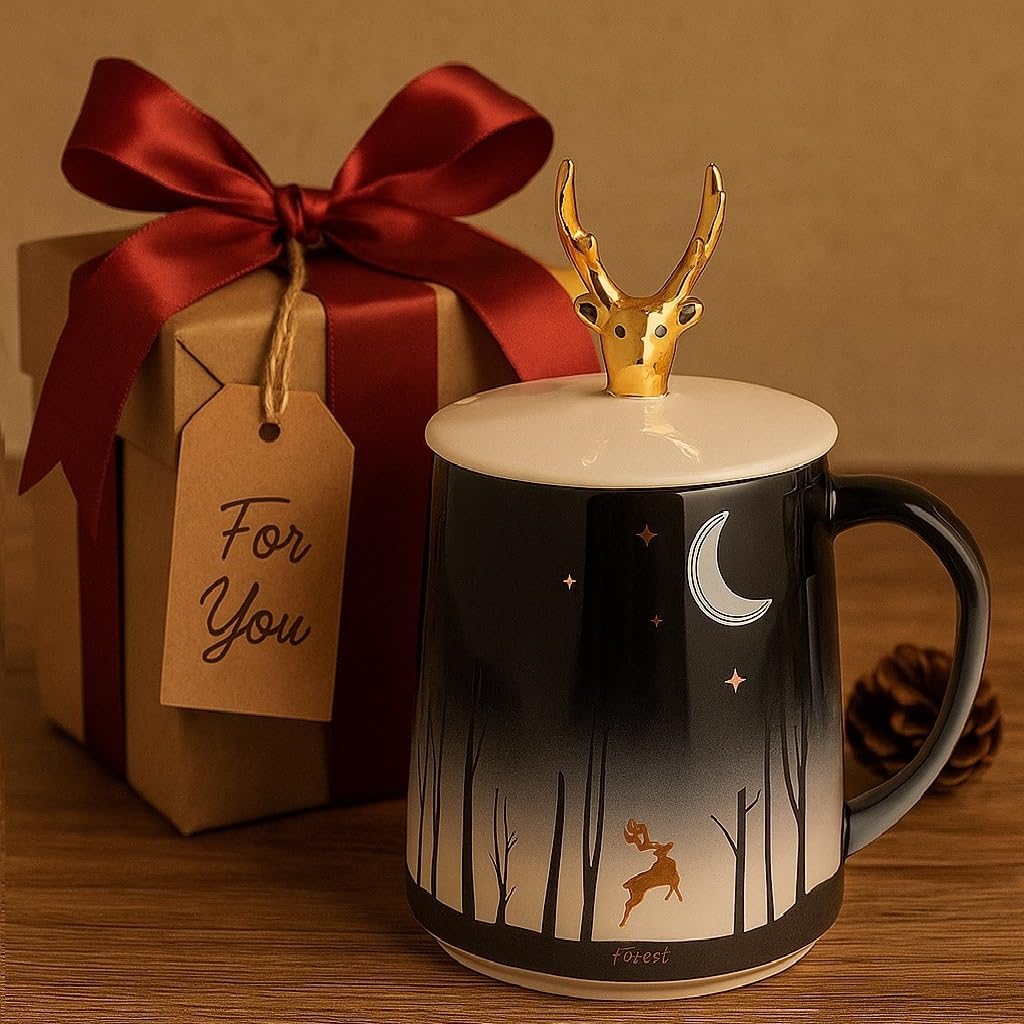 Forest Theme Ceramic Coffee Mug with Golden Deer Lid & Spoon –400 ml