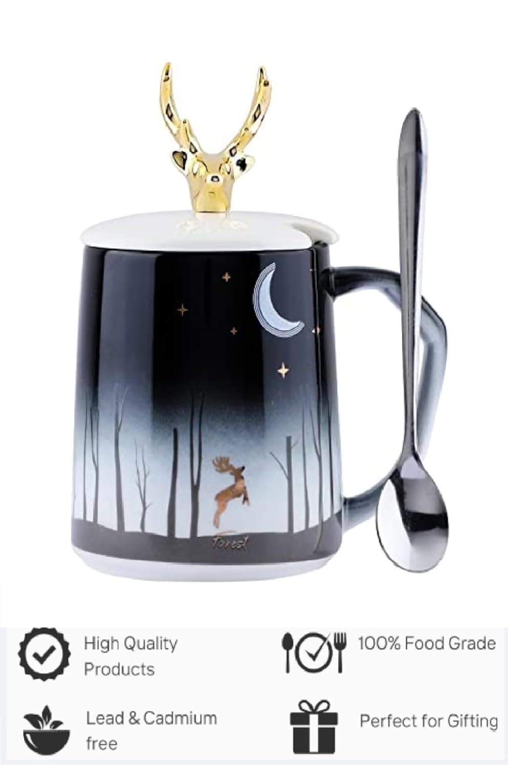 Forest Theme Ceramic Coffee Mug with Golden Deer Lid & Spoon –400 ml - Image 5