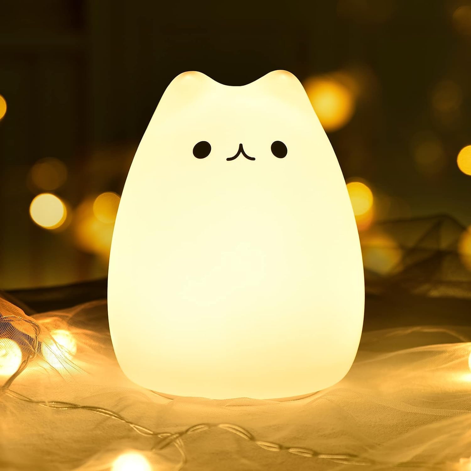 Cute Kitty Night Light for Kids Rechargeable Silicone LED Lamp with Warm White & 7-Color Modes