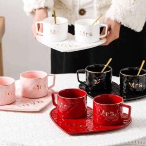 Mr & Mrs Coffee Mug Set with Golden Spoons & Heart Shape Saucers 250 ml (mix color only)