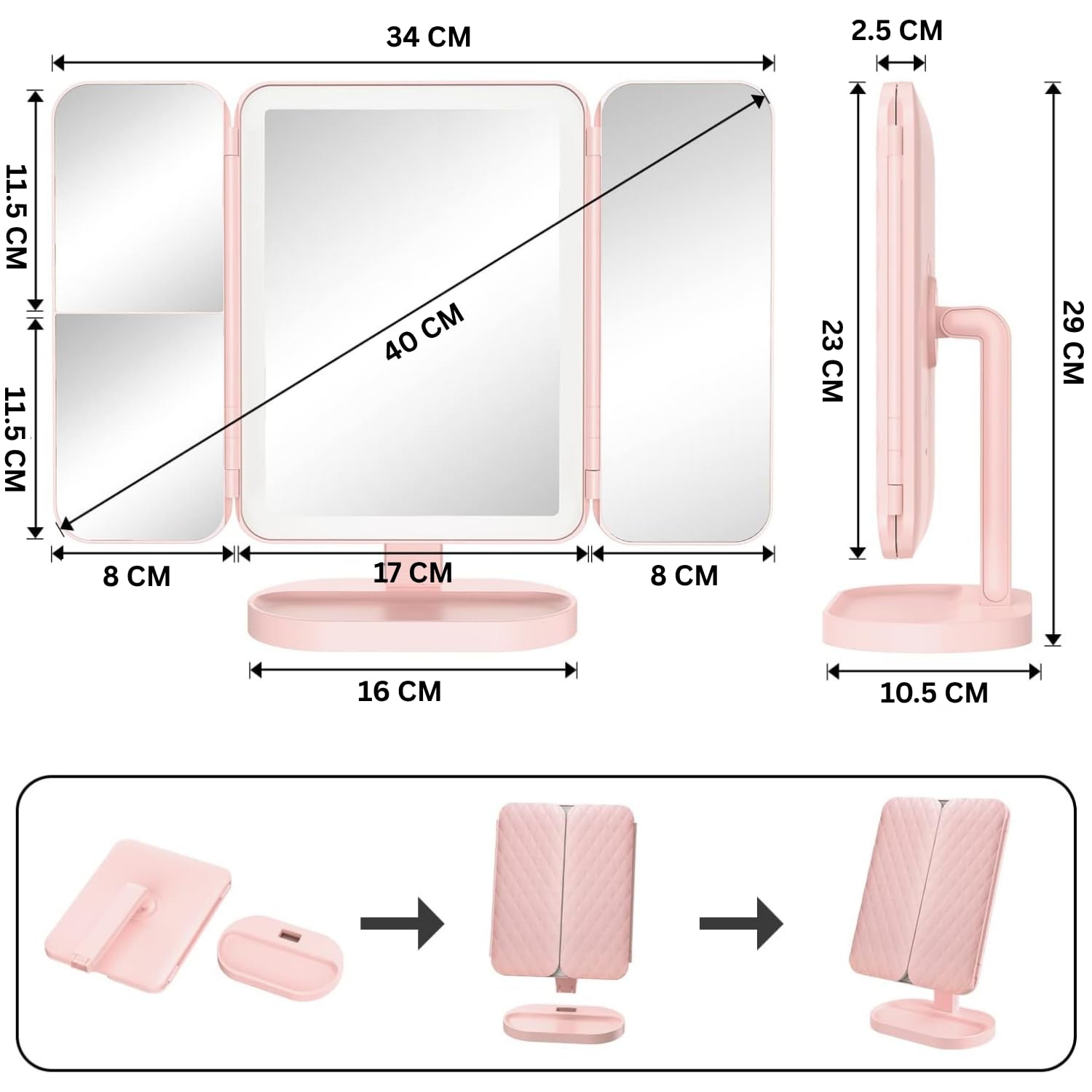 74 LED Vanity Trifold Makeup Mirror with 3 Color Modes & Touch Dimming (Pink) - Image 8