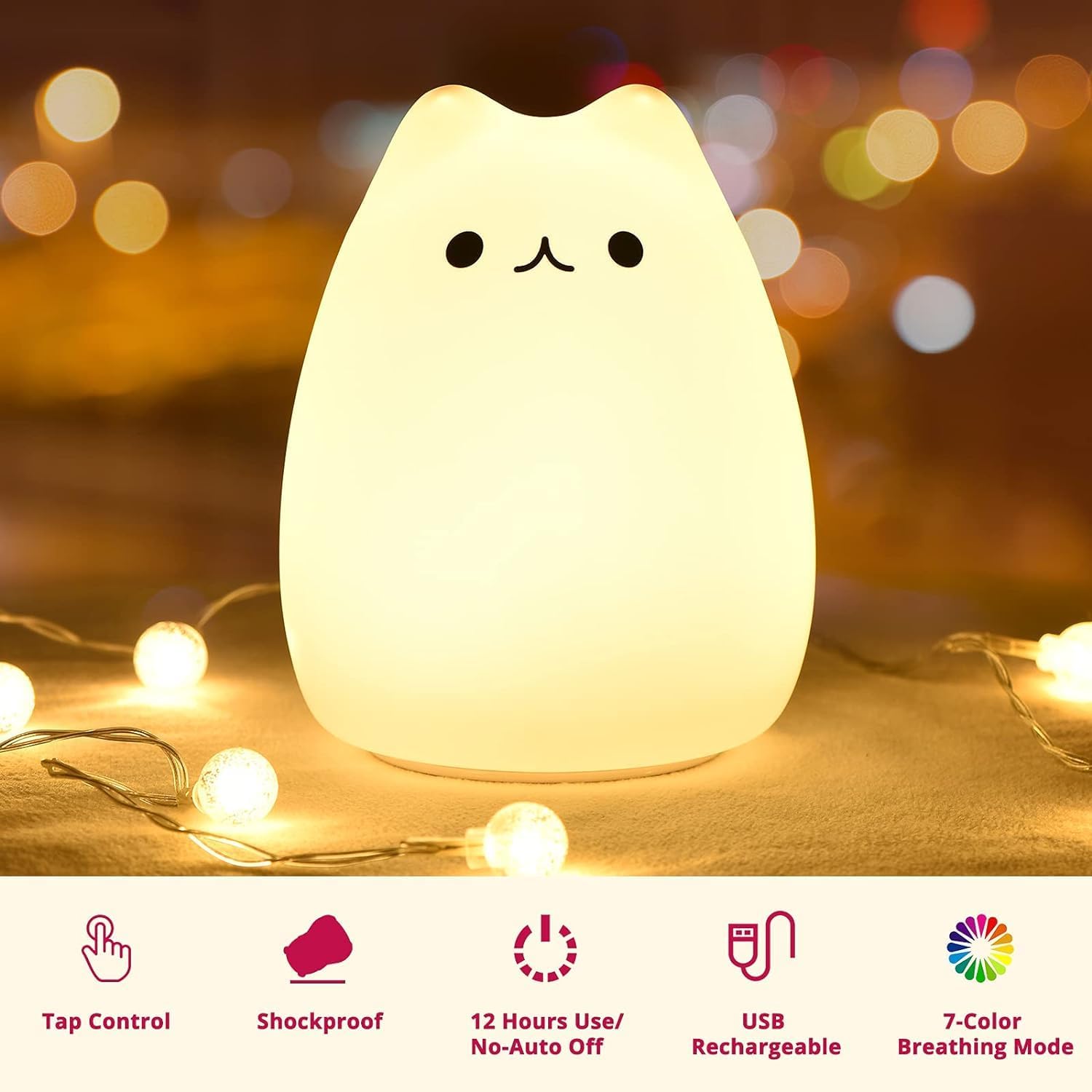 Cute Kitty Night Light for Kids Rechargeable Silicone LED Lamp with Warm White & 7-Color Modes - Image 3