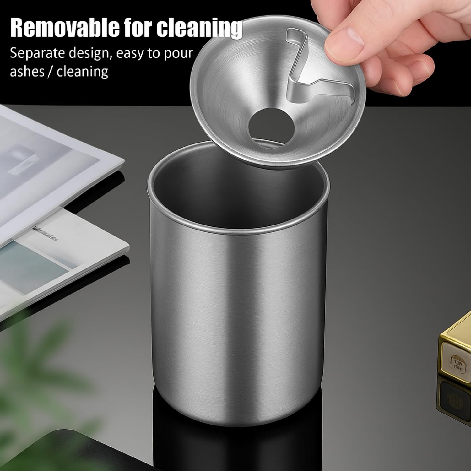 Stainless Steel Ash Tray with Lid & Cigarette Holder (Green, Silver) - Image 4