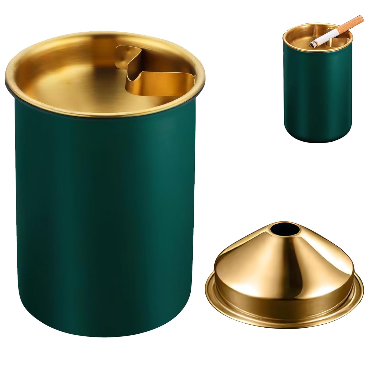 Stainless Steel Ash Tray with Lid & Cigarette Holder (Green, Silver) - Image 12