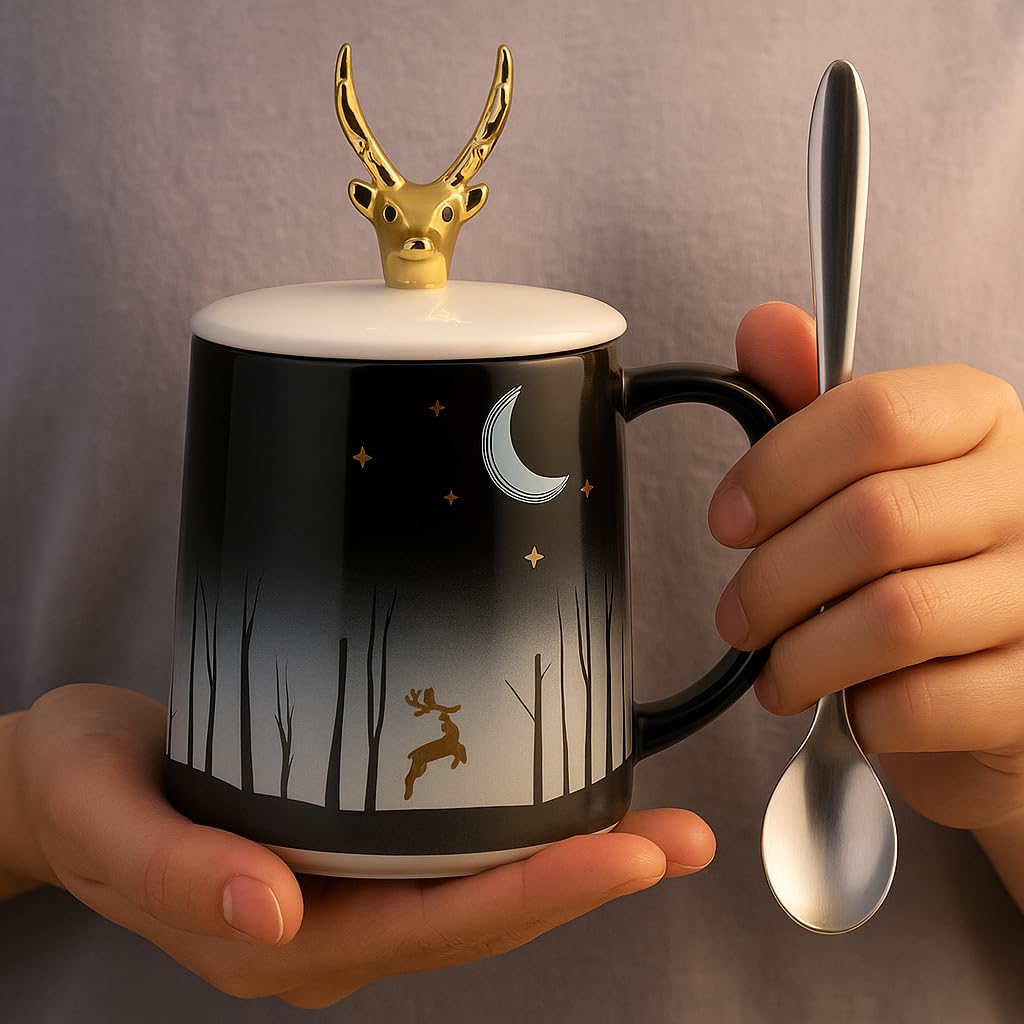Forest Theme Ceramic Coffee Mug with Golden Deer Lid & Spoon –400 ml - Image 6