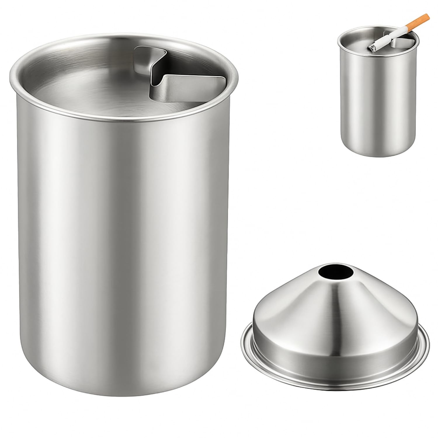 Stainless Steel Ash Tray with Lid & Cigarette Holder (Green, Silver) - Image 5