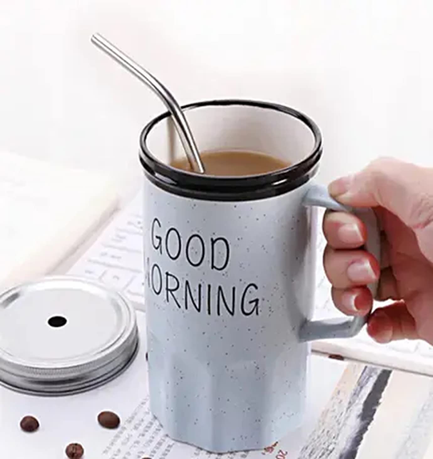 Good Morning Printed Ceramic Coffee Mug with Lid Straw Blue 350 ml - Image 4