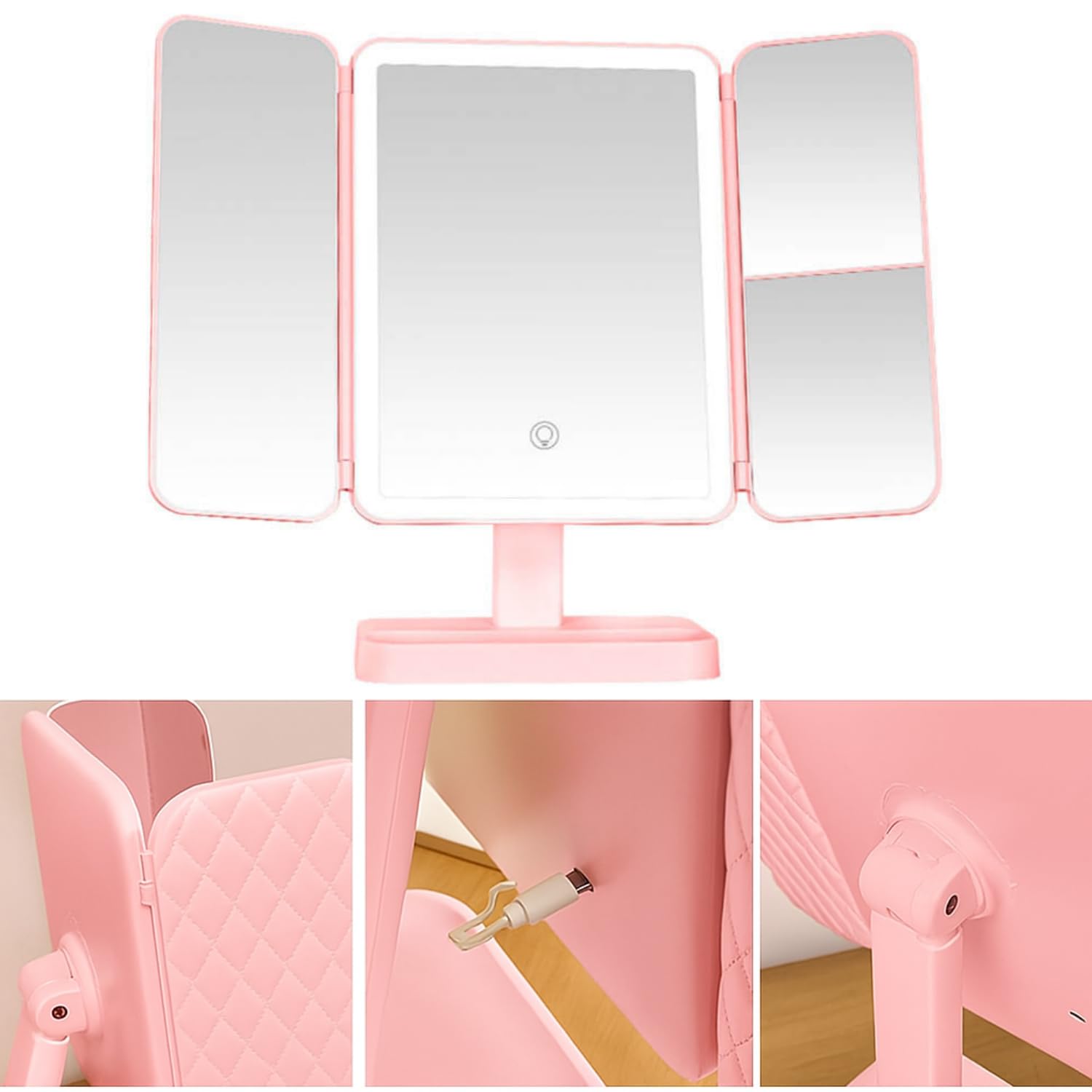 74 LED Vanity Trifold Makeup Mirror with 3 Color Modes & Touch Dimming (Pink) - Image 4