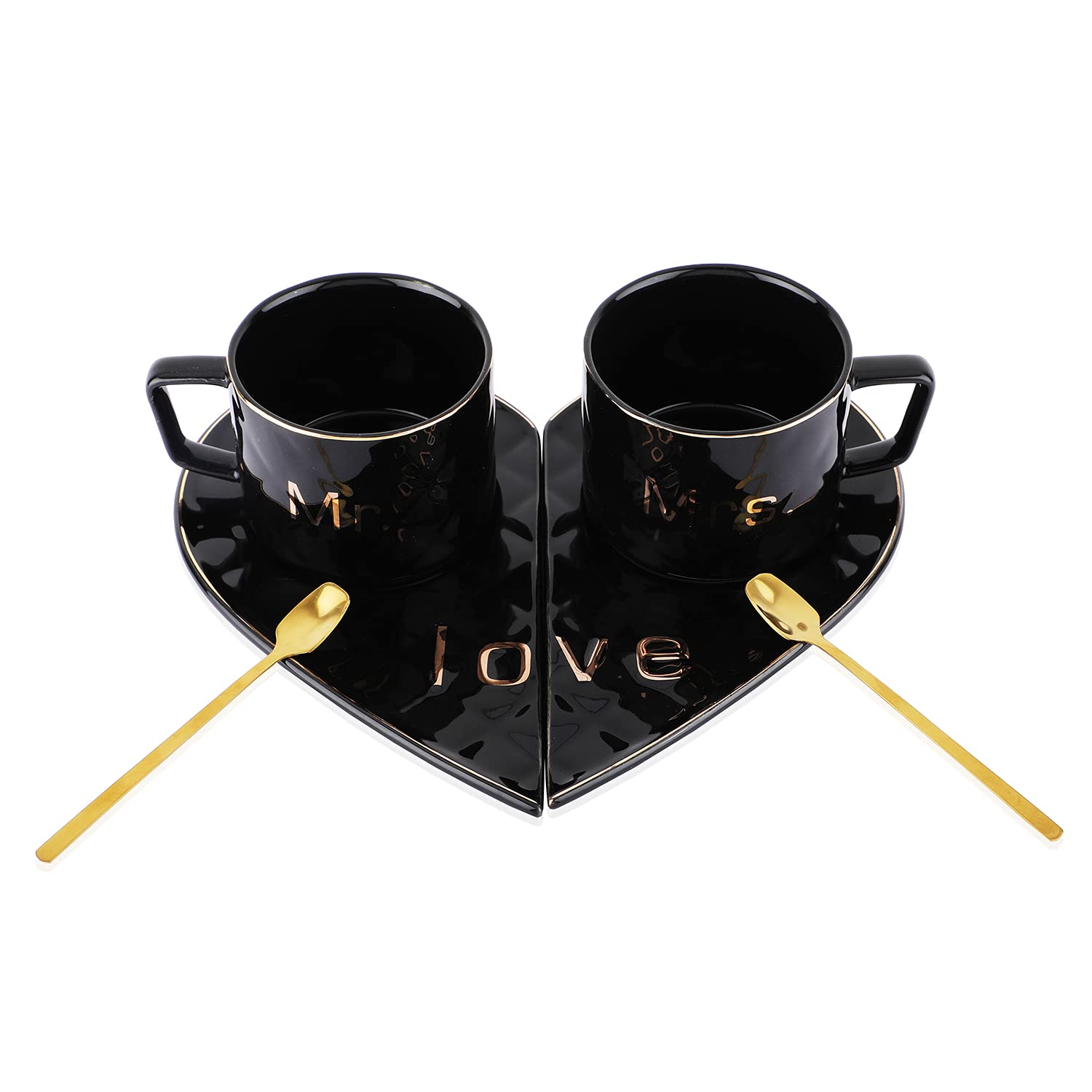 Mr & Mrs Coffee Mug Set with Golden Spoons & Heart Shape Saucers 250 ml (mix color only) - Image 11