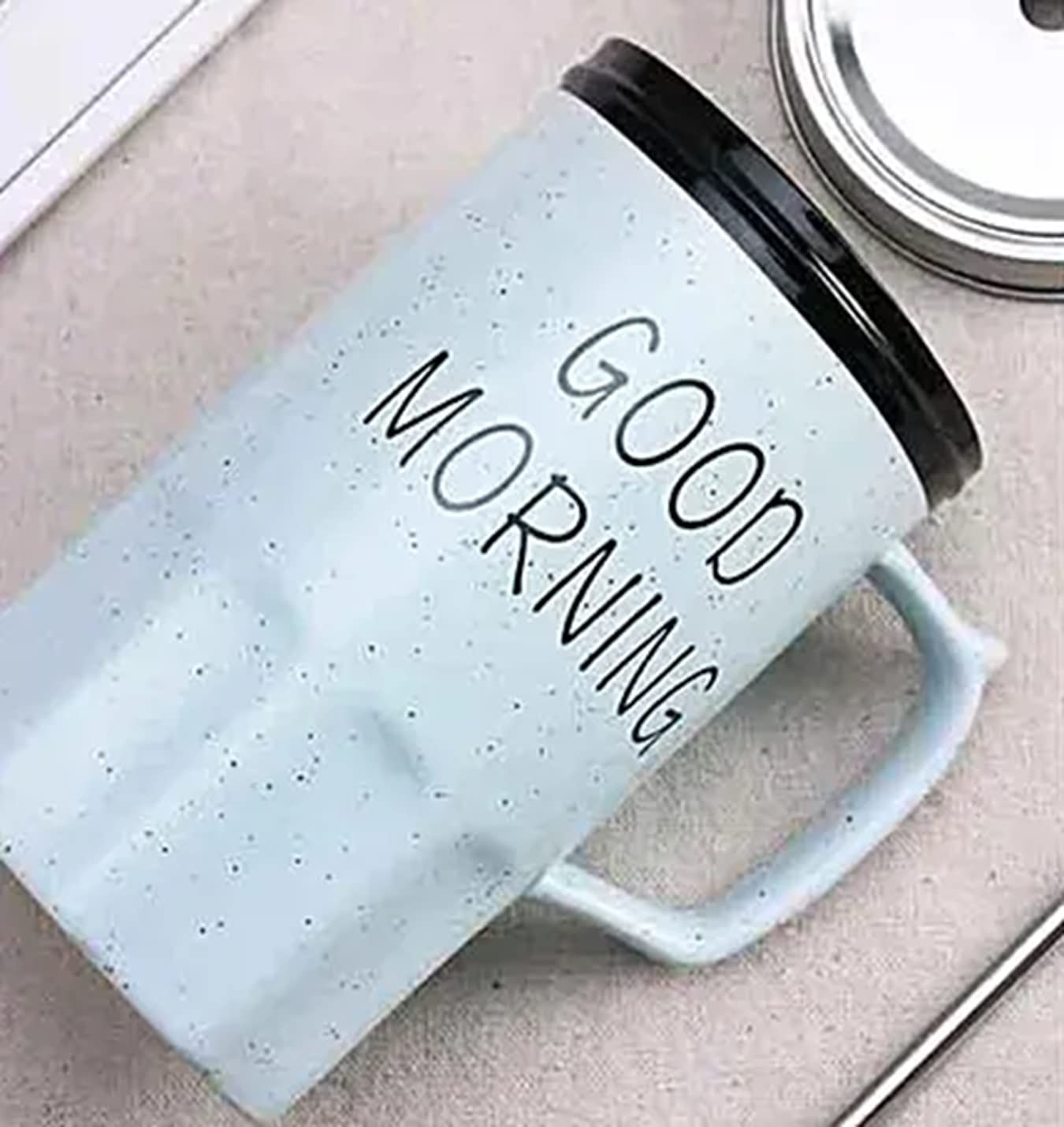 Good Morning Printed Ceramic Coffee Mug with Lid Straw Blue 350 ml - Image 2