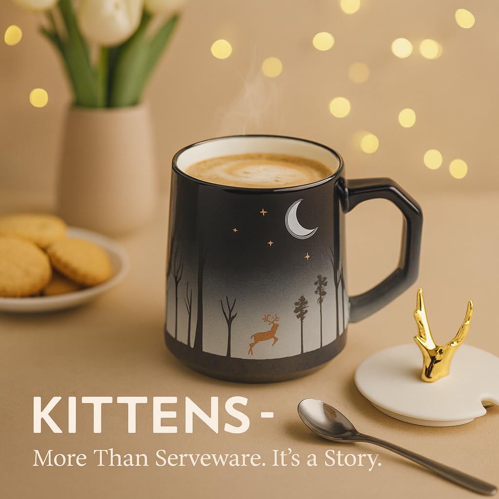 Forest Theme Ceramic Coffee Mug with Golden Deer Lid & Spoon –400 ml - Image 2