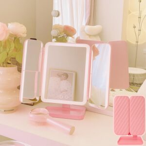 74 LED Vanity Trifold Makeup Mirror with 3 Color Modes & Touch Dimming (Pink)