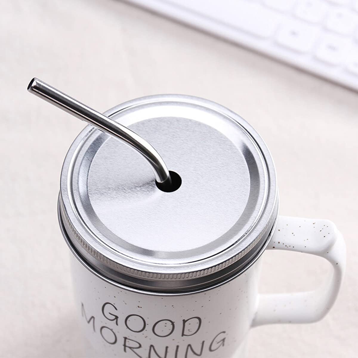 Good Morning Printed Ceramic Coffee Mug with Lid Straw White 350 ml - Image 2