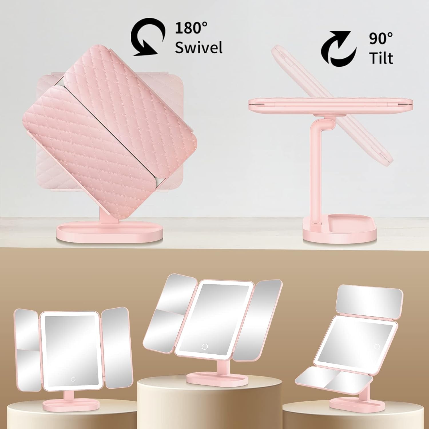 74 LED Vanity Trifold Makeup Mirror with 3 Color Modes & Touch Dimming (Pink) - Image 7