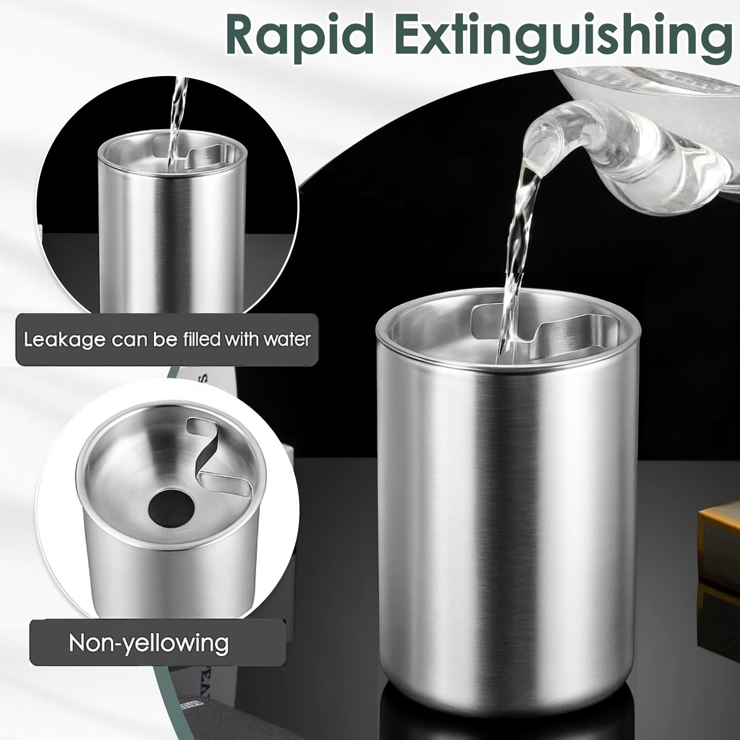 Stainless Steel Ash Tray with Lid & Cigarette Holder (Green, Silver) - Image 2