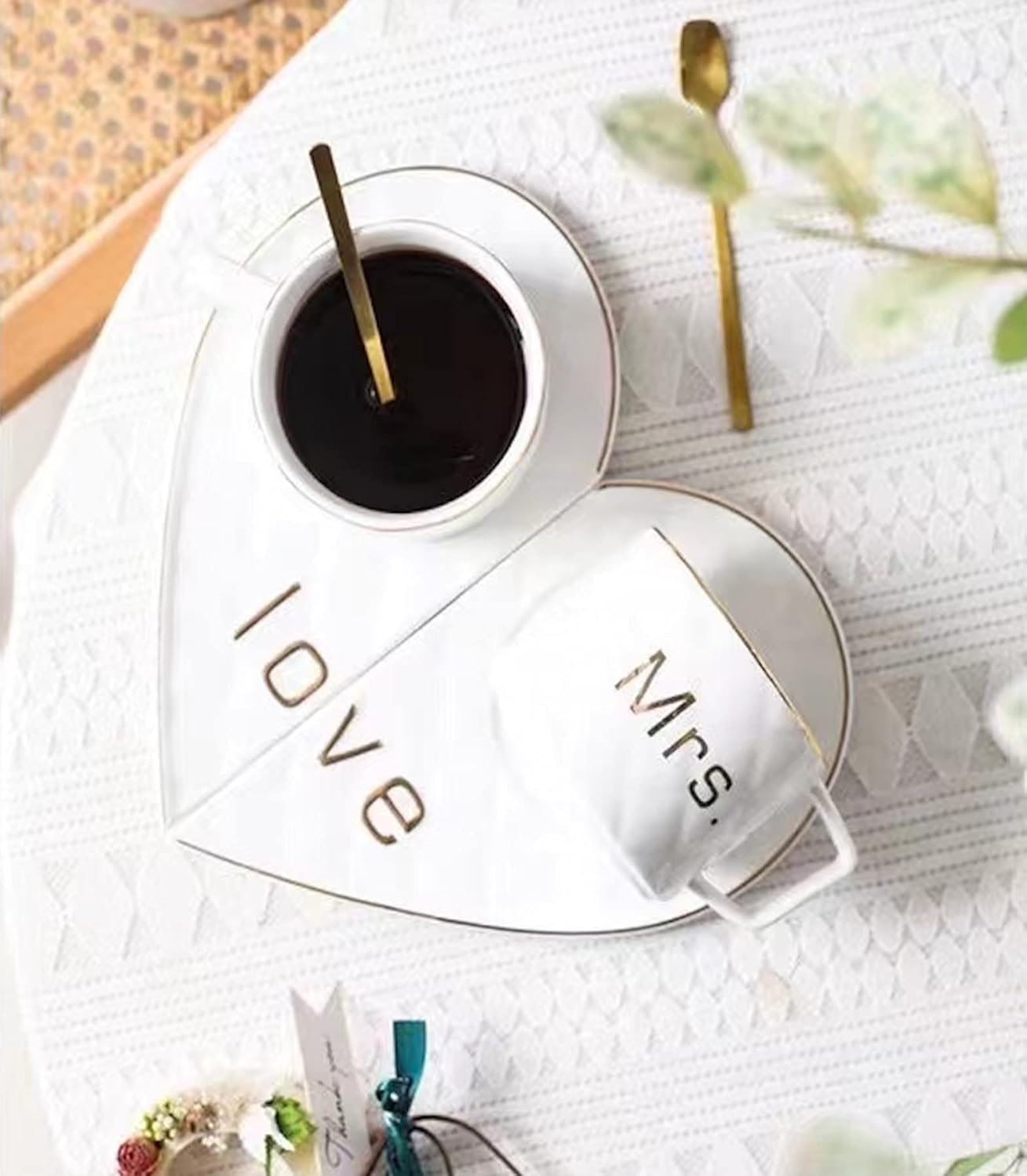 Mr & Mrs Coffee Mug Set with Golden Spoons & Heart Shape Saucers 250 ml (mix color only) - Image 6