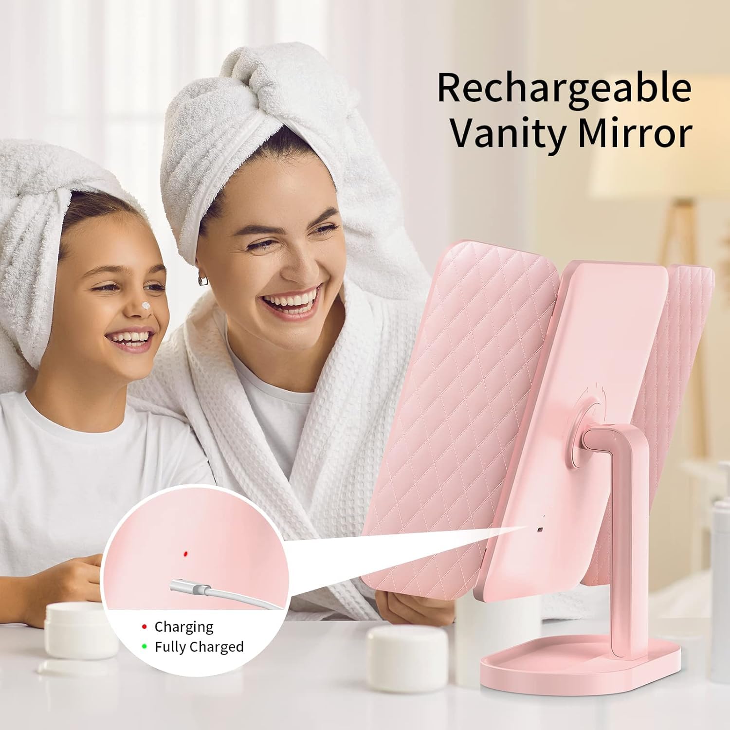 74 LED Vanity Trifold Makeup Mirror with 3 Color Modes & Touch Dimming (Pink) - Image 2
