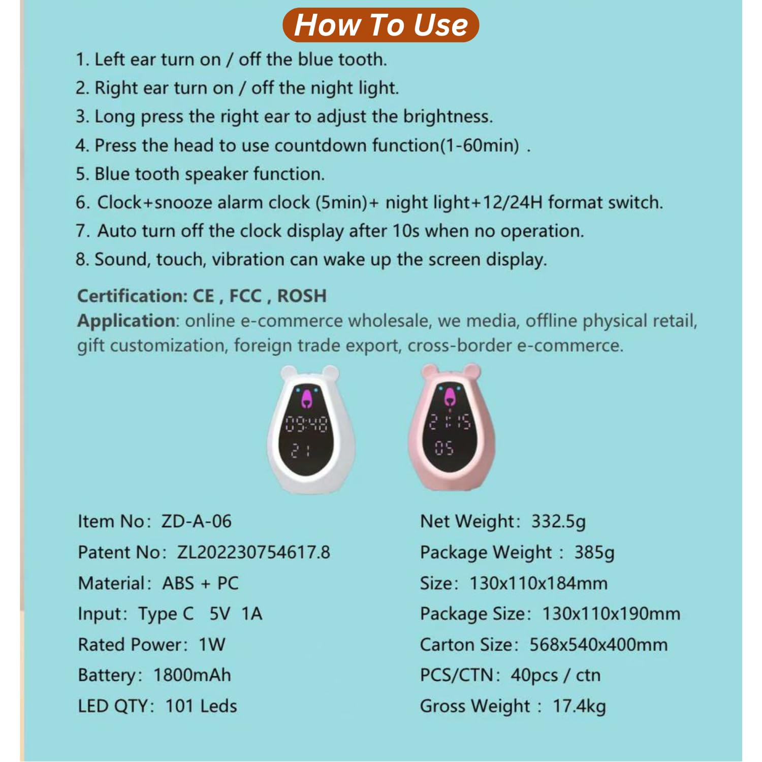 Adorable Bear Alarm Clock with Digital Mirror & Gesture Sensing Makeup Light – Snooze Mode(mix color only) - Image 4