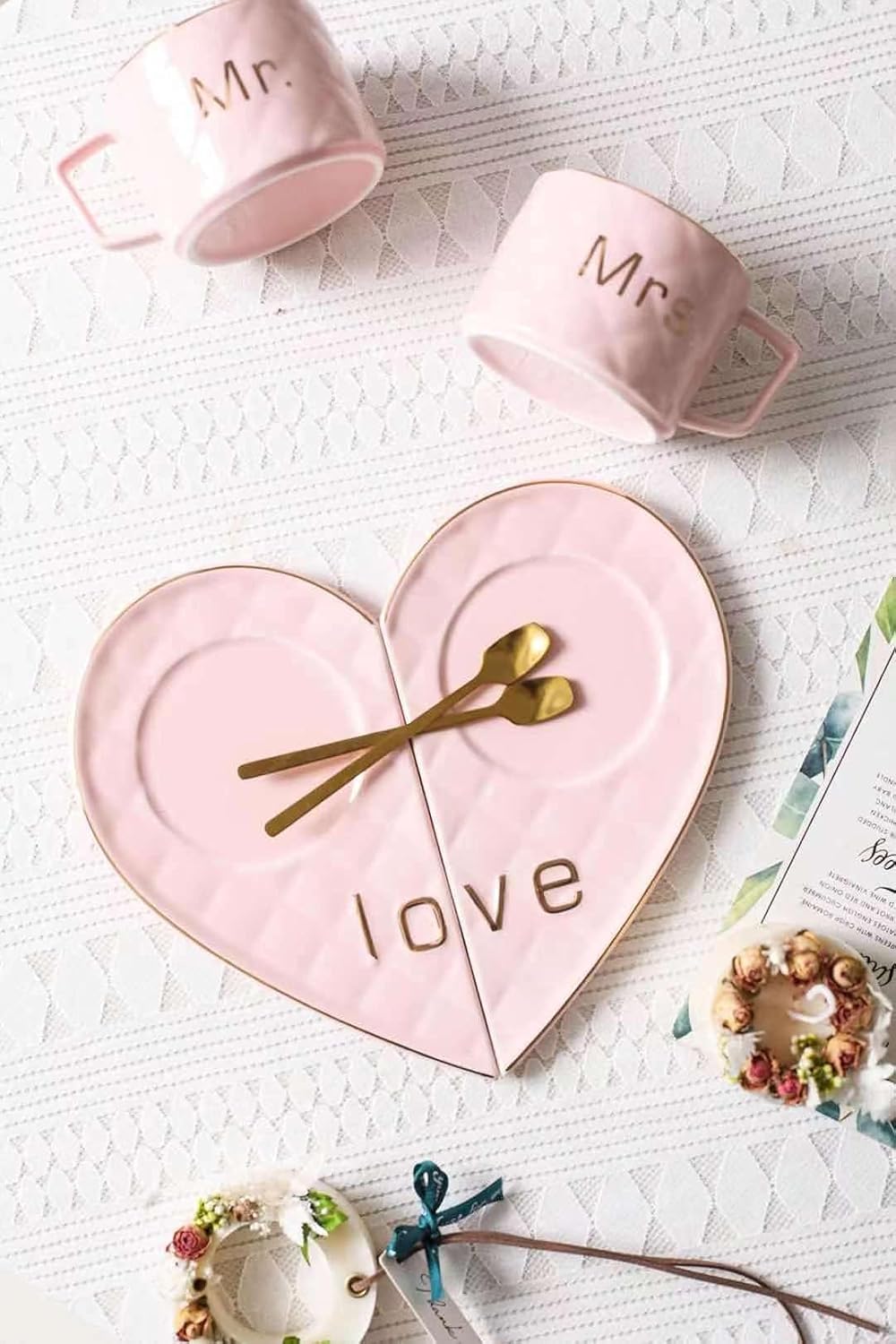 Mr & Mrs Coffee Mug Set with Golden Spoons & Heart Shape Saucers 250 ml (mix color only) - Image 3