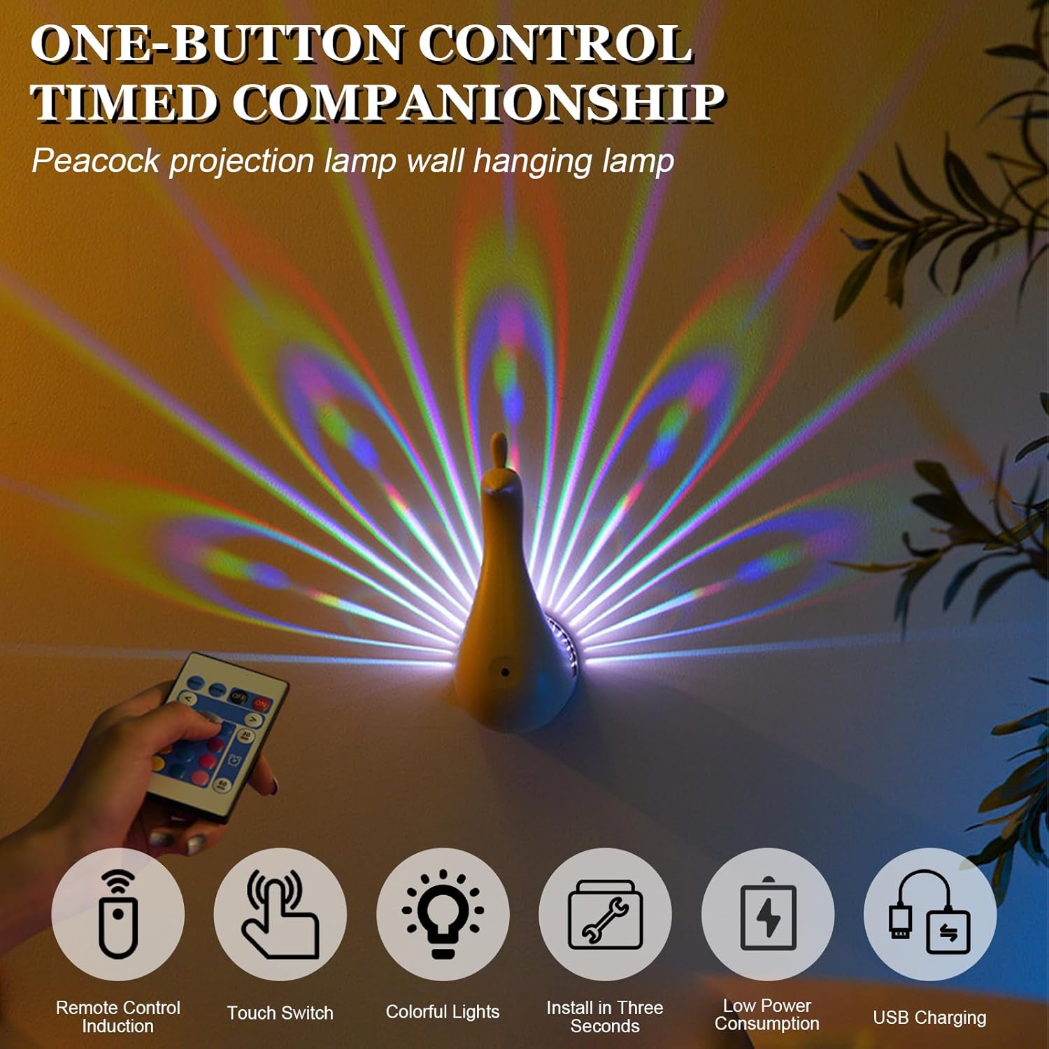 7 Color Peacock Wall Lamp with Remote Control, USB Charging, White - Image 4