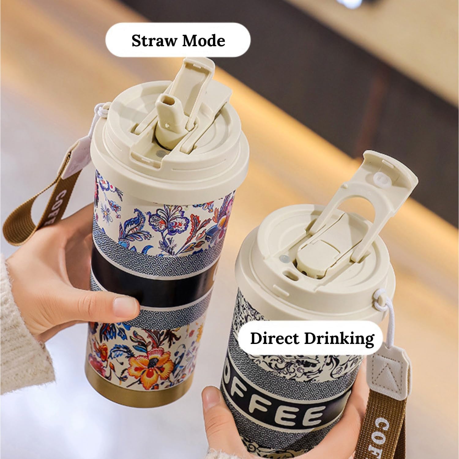 Stainless Steel Coffee Travel Sipper with Straw & Flip Lid (550 ML) - Image 2