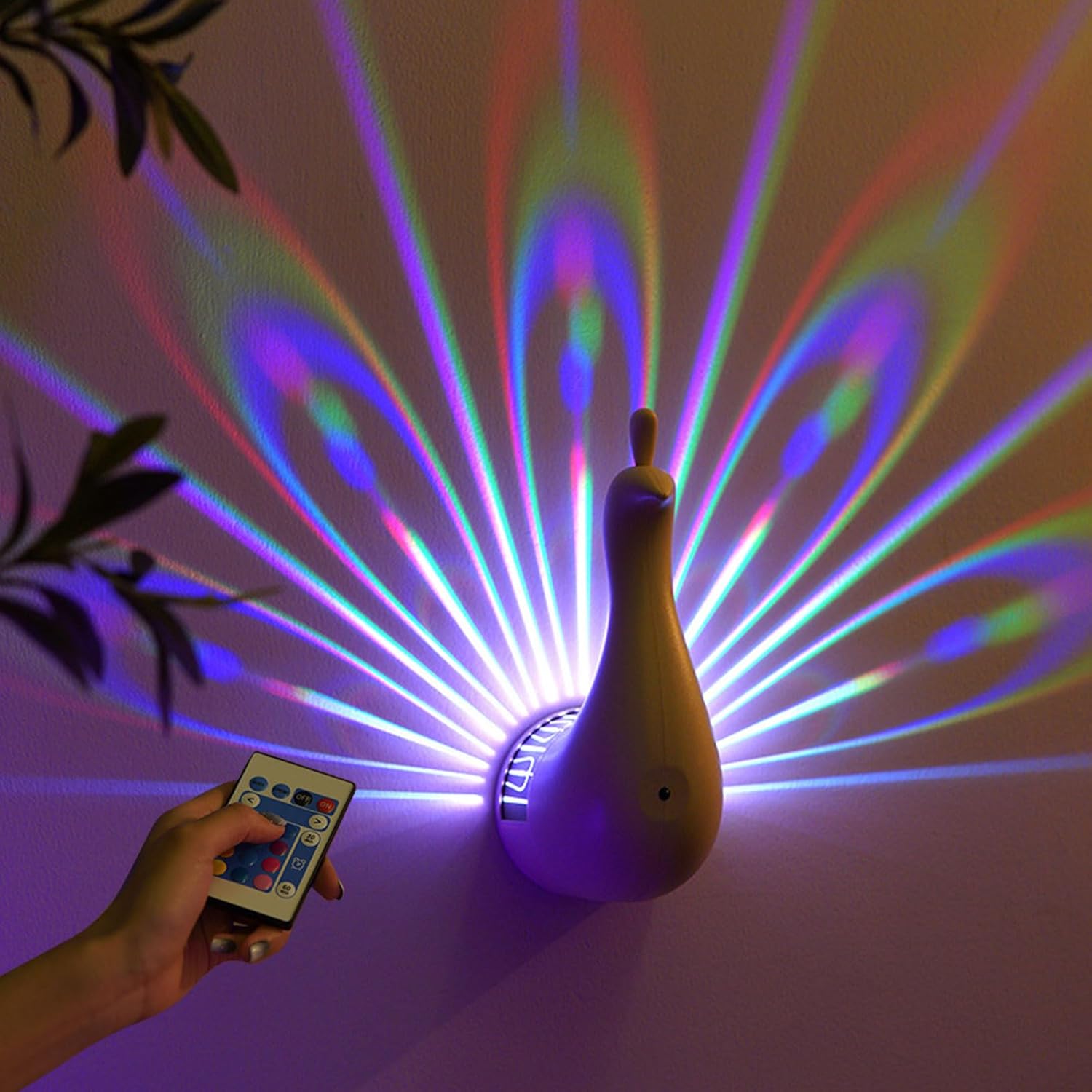 7 Color Peacock Wall Lamp with Remote Control, USB Charging, White - Image 6