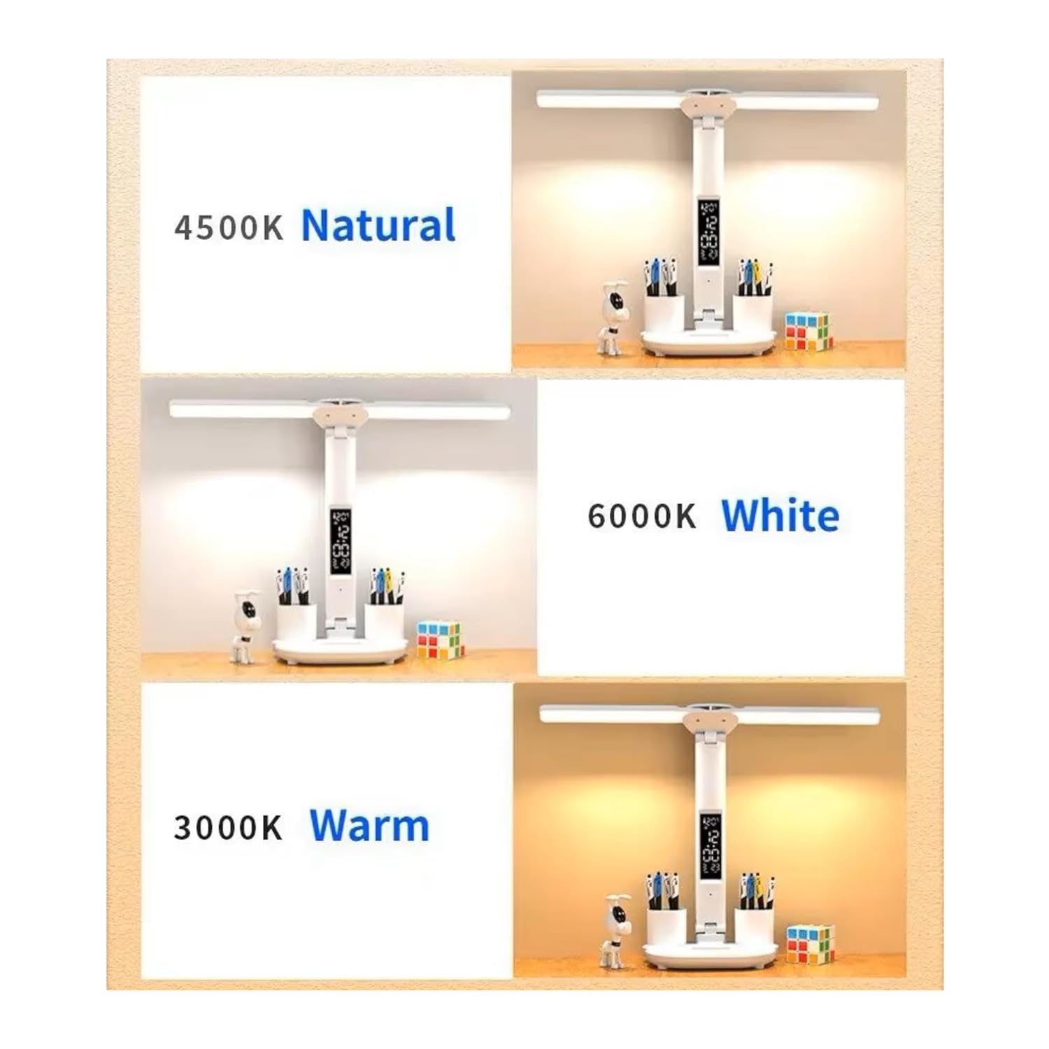 7 in 1 Dual Head LED Desk Lamp with clock display(White) - Image 4
