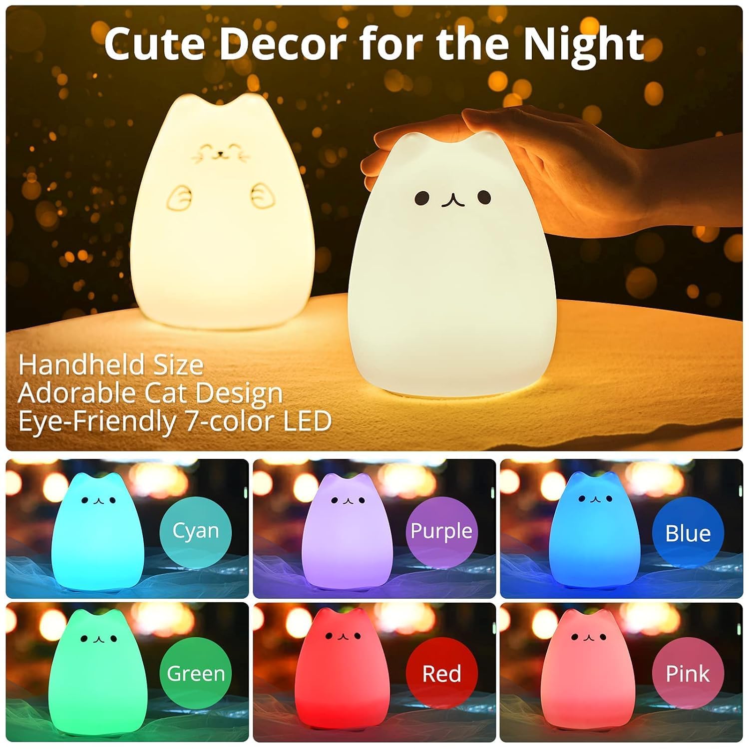 Cute Kitty Night Light for Kids Rechargeable Silicone LED Lamp with Warm White & 7-Color Modes - Image 7