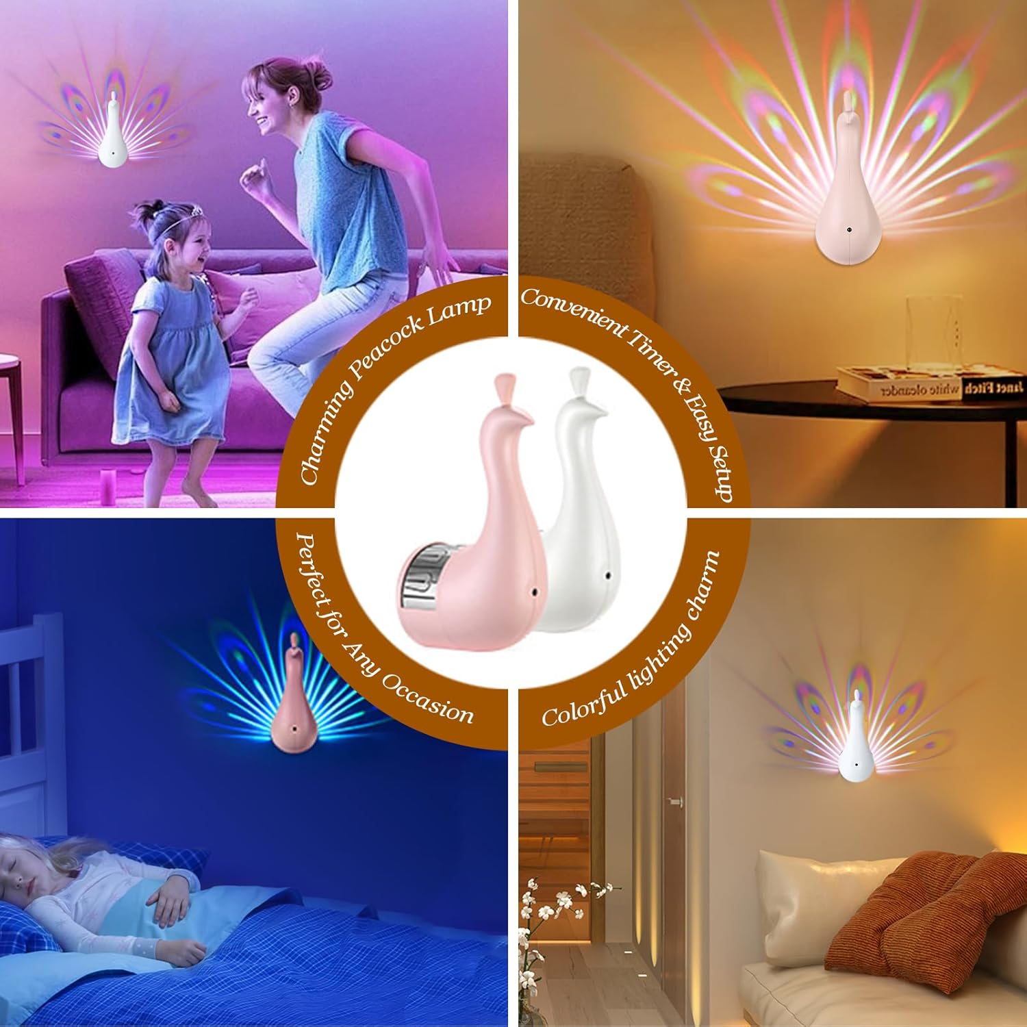7 Color Peacock Wall Lamp with Remote Control, USB Charging, White - Image 2