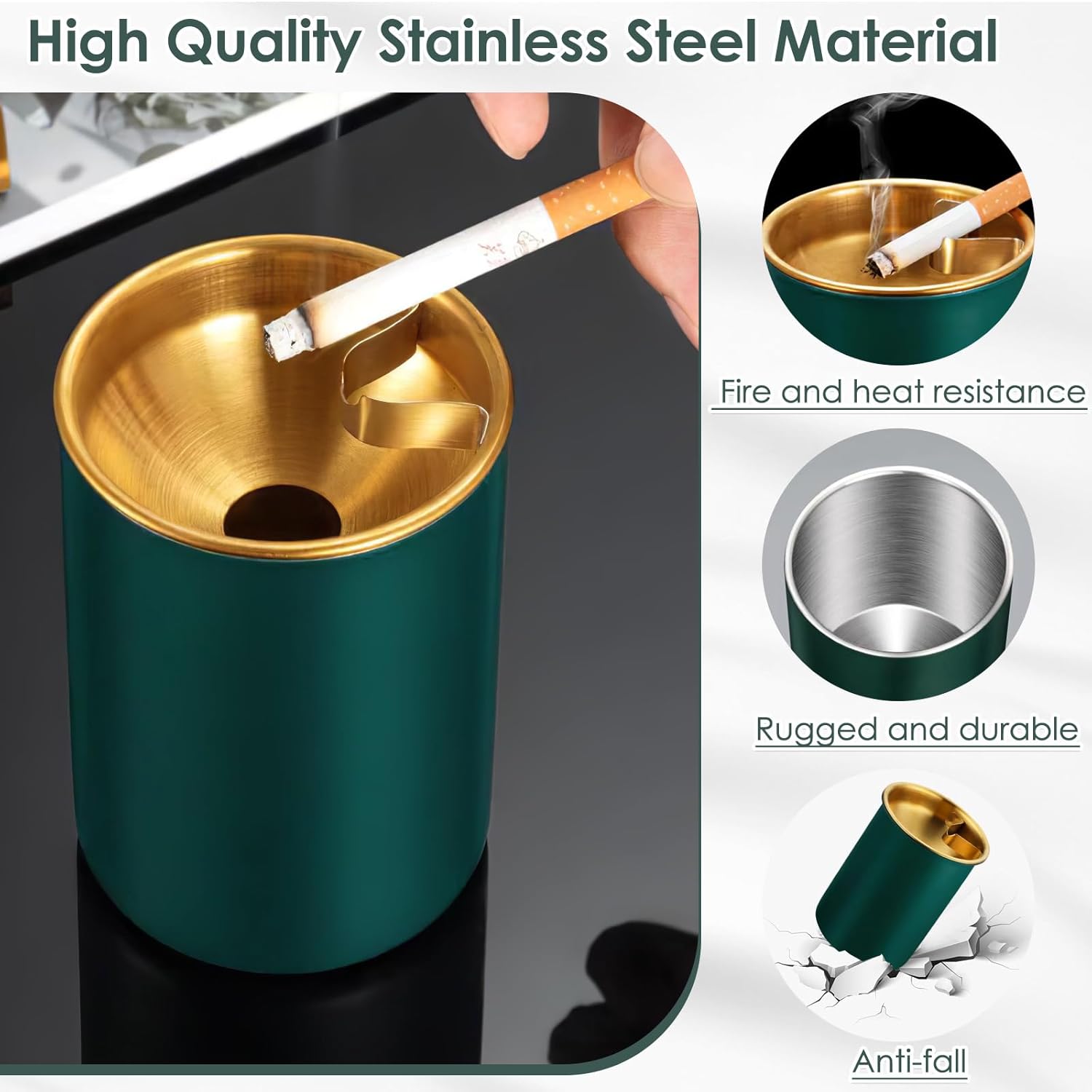 Stainless Steel Ash Tray with Lid & Cigarette Holder (Green, Silver) - Image 9